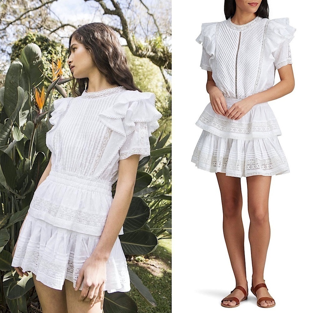 MAIA‎ BERGMAN Cotton Eyelet Flutter Short Sleeve Lace Trim Ruffled Tier Dress XL